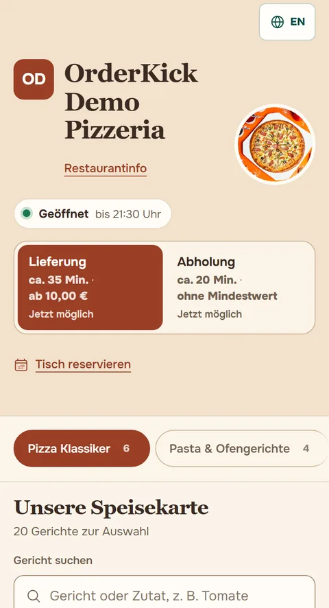 Bestellseite der OrderKick Demo-Pizzeria im Design Bistro auf dem Handy