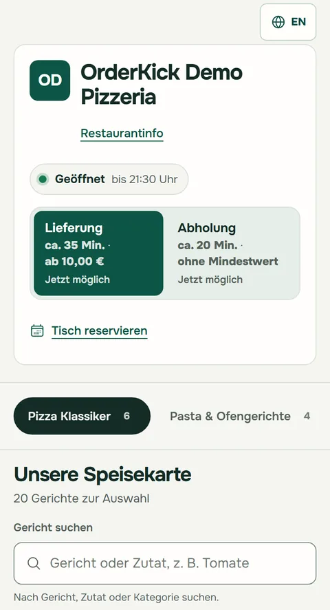Bestellseite der OrderKick Demo-Pizzeria im Design Klassisch auf dem Handy