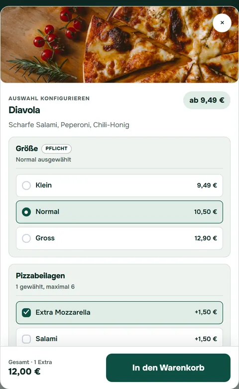 Bestellseite der OrderKick Demo-Pizzeria auf dem Handy: Pizza Diavola mit Größen und Extras zur Auswahl