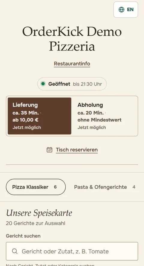 Bestellseite der OrderKick Demo-Pizzeria im Design Editorial auf dem Handy