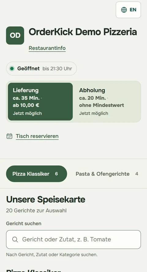 Bestellseite der OrderKick Demo-Pizzeria im Design Galerie auf dem Handy