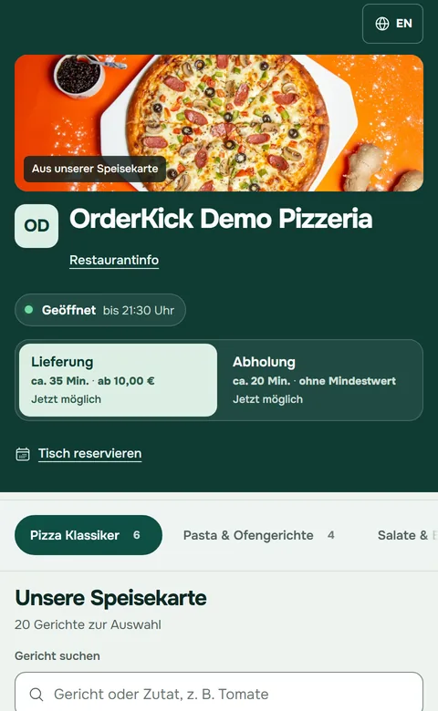 Bestellseite der OrderKick Demo-Pizzeria auf dem Handy: Restaurantkopf, Lieferung und Abholung, Speisekarte