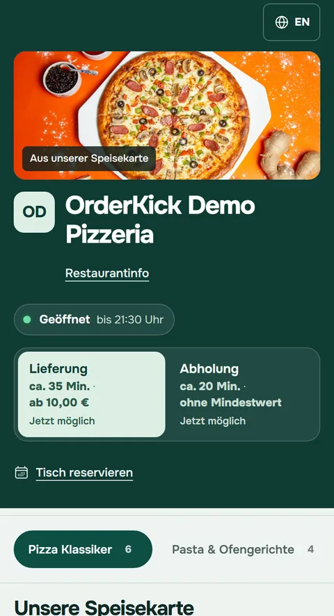 Bestellseite der OrderKick Demo-Pizzeria im Design Modern auf dem Handy, erreicht über QR-Code und Website-Button