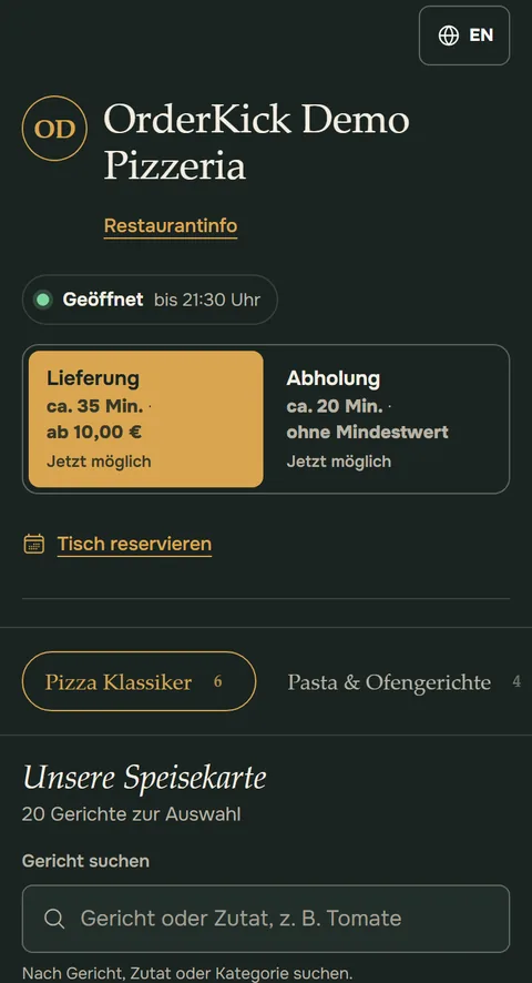 Bestellseite der Demo-Pizzeria im dunklen Design Tafel mit Lieferung und Abholung