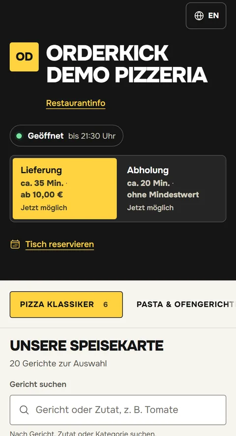 Bestellseite der OrderKick Demo-Pizzeria im Design Imbiss auf dem Handy
