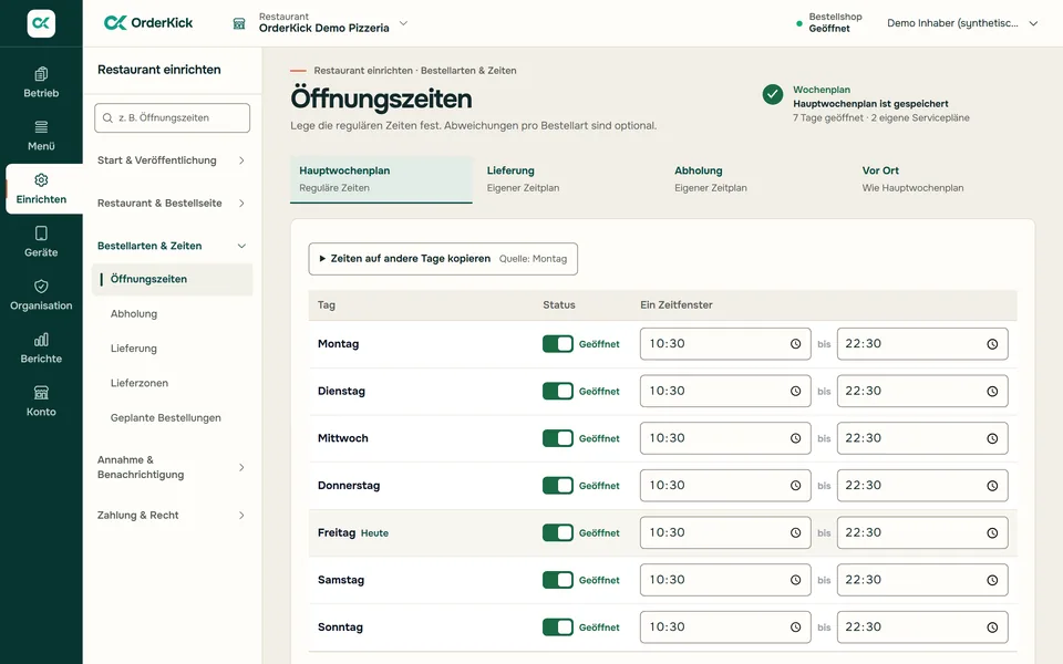 Restaurantbereich im Browser: Öffnungszeiten der Demo-Pizzeria für jeden Wochentag, getrennt nach Lieferung und Abholung