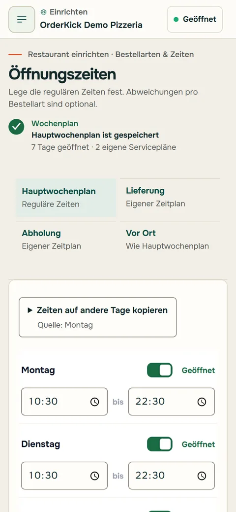 Restaurantbereich auf dem Handy: Öffnungszeiten für Abholung und Lieferung