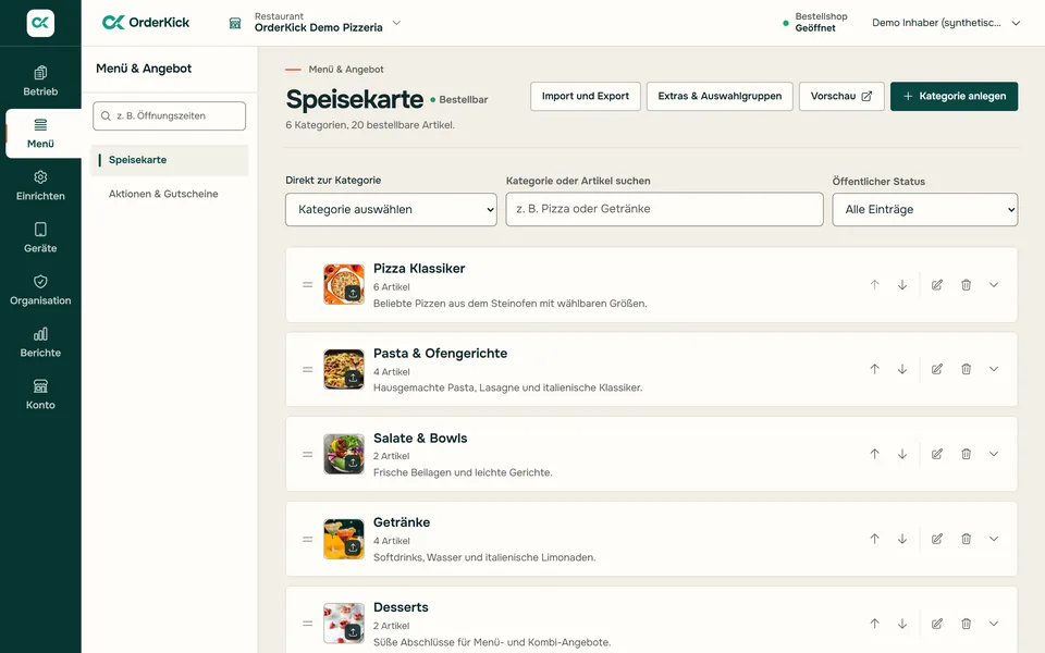 Restaurantbereich im Browser: Speisekarte der Demo-Pizzeria mit Kategorien und Artikeln