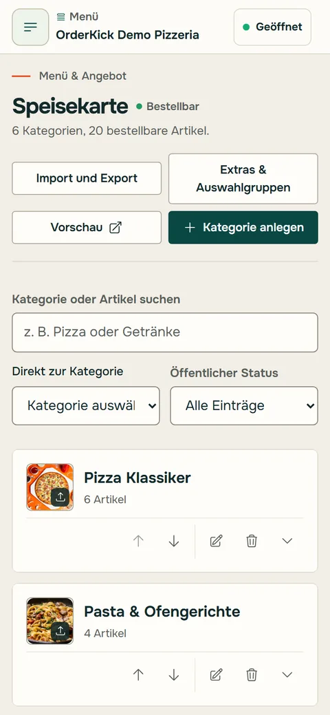 Ausschnitt aus dem Restaurantbereich auf dem Handy: Überschrift Speisekarte der Demo-Pizzeria mit Import und Export