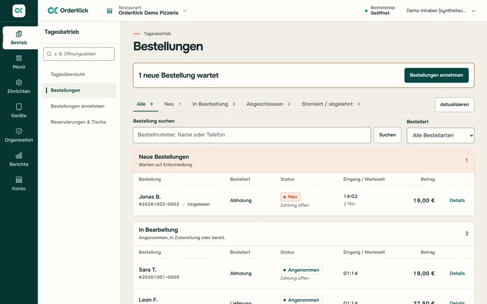 Restaurantbereich im Browser: Bestellungen der Demo-Pizzeria mit einer neuen Bestellung, die auf Annahme wartet
