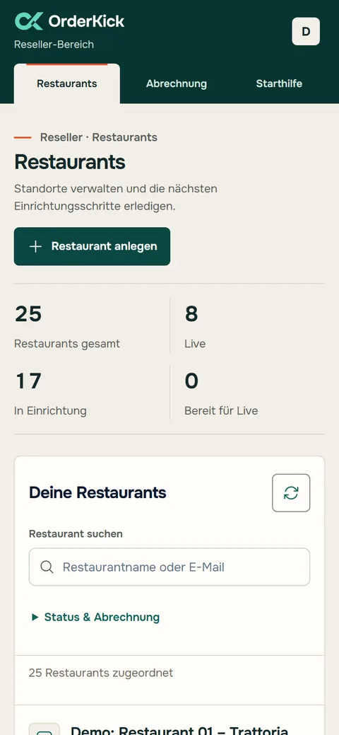 Partnerbereich auf dem Handy: 25 Restaurants des Demo-Partnerkontos, 8 davon live, 17 in Einrichtung