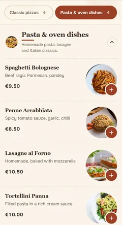 Original screenshot of the OrderKick demo ordering page in the Bistro design: Menu