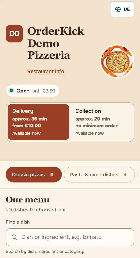 Ordering page of the OrderKick Demo Pizzeria in the Bistro design on a phone