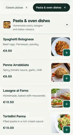 Original screenshot of the OrderKick demo ordering page in the Classic design: Menu