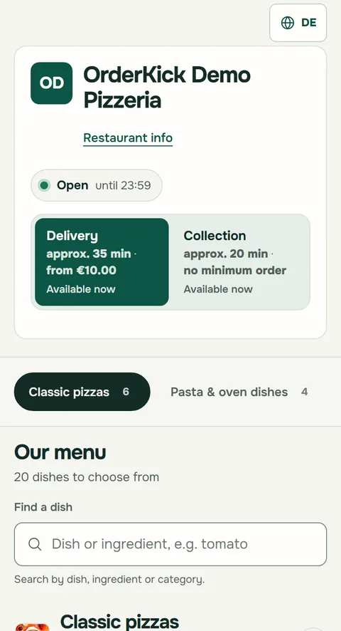 Ordering page of the OrderKick demo pizzeria in the Classic design on a phone