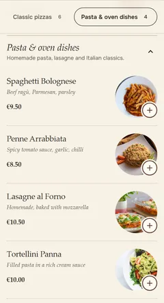 Original screenshot of the OrderKick demo ordering page in the Editorial design: Menu