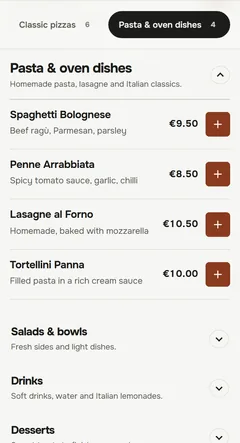 Original screenshot of the OrderKick demo ordering page in the Express design: Menu