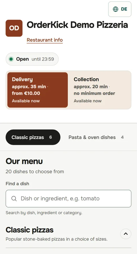 Ordering page of the OrderKick demo pizzeria in the Express design on a phone: open, delivery and collection, the menu below