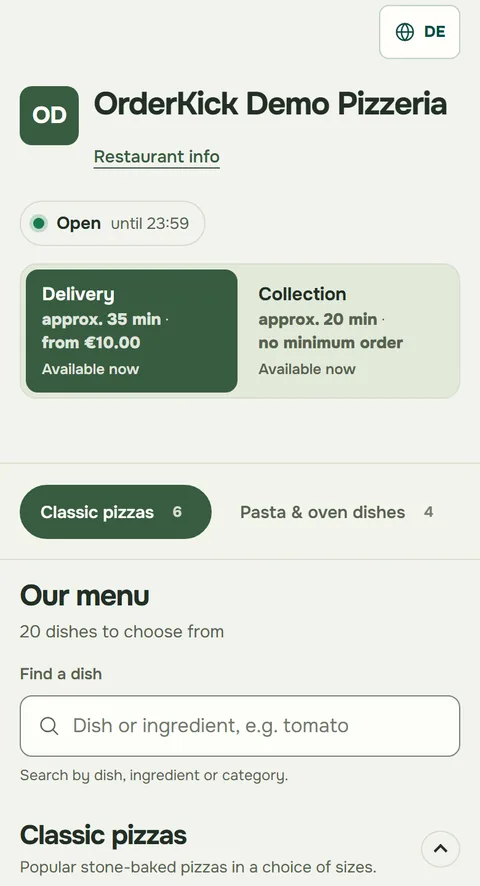 Ordering page of one location of the OrderKick Demo Pizzeria in the Gallery design on a phone