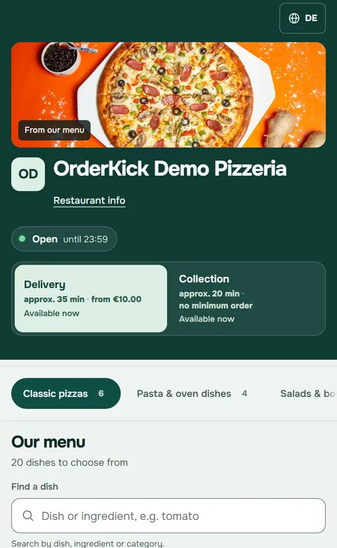 Ordering page of the OrderKick demo pizzeria on a phone: restaurant header, delivery and collection, menu