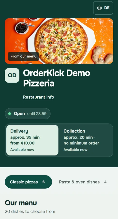 Ordering page of the OrderKick demo pizzeria in the Modern design on a phone, reached by QR code and website button
