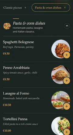 Original screenshot of the OrderKick demo ordering page in the Slate design: Menu