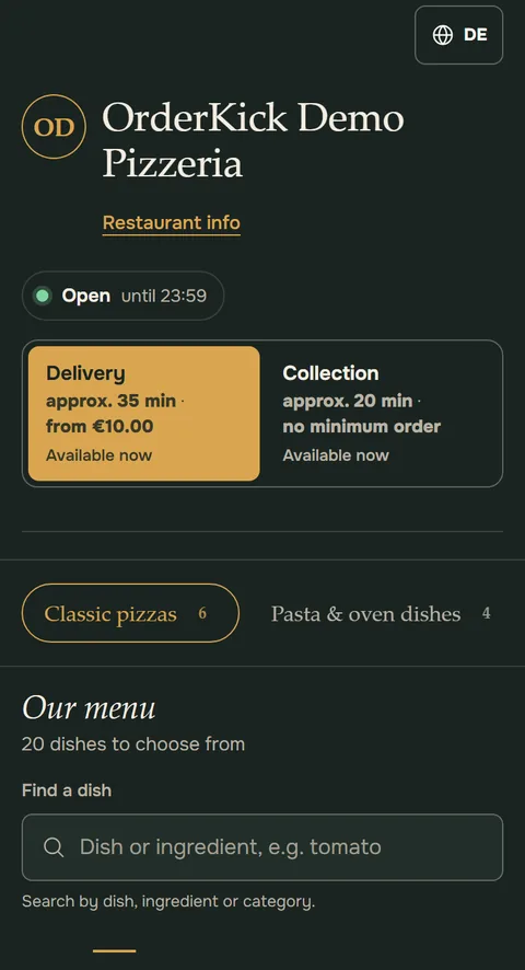 Ordering page of the demo pizzeria in the dark Slate design with delivery and collection