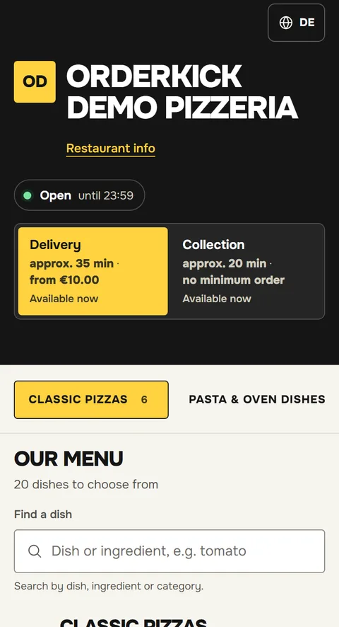 The same ordering page in the Street food design with a black background and yellow panels