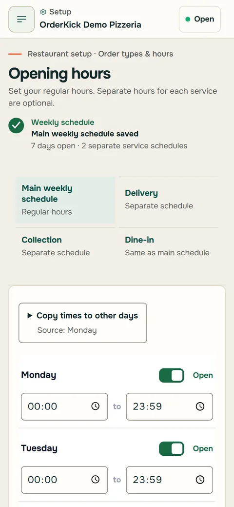 Restaurant area on a phone: opening hours of the demo pizzeria for every day of the week