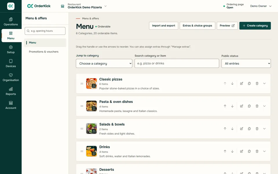 Restaurant area in the browser: menu of the demo pizzeria with categories and items
