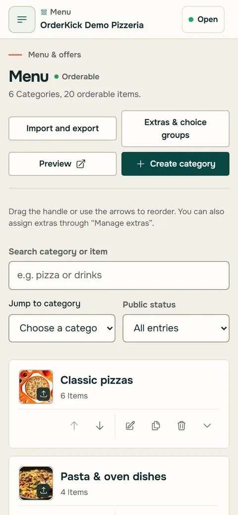 Detail of the restaurant area on a phone: the demo pizzeria menu heading with import and export
