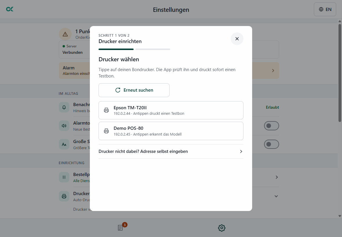 App für die Bestellannahme auf dem Tablet: Drucker einrichten, Schritt 1 von 2