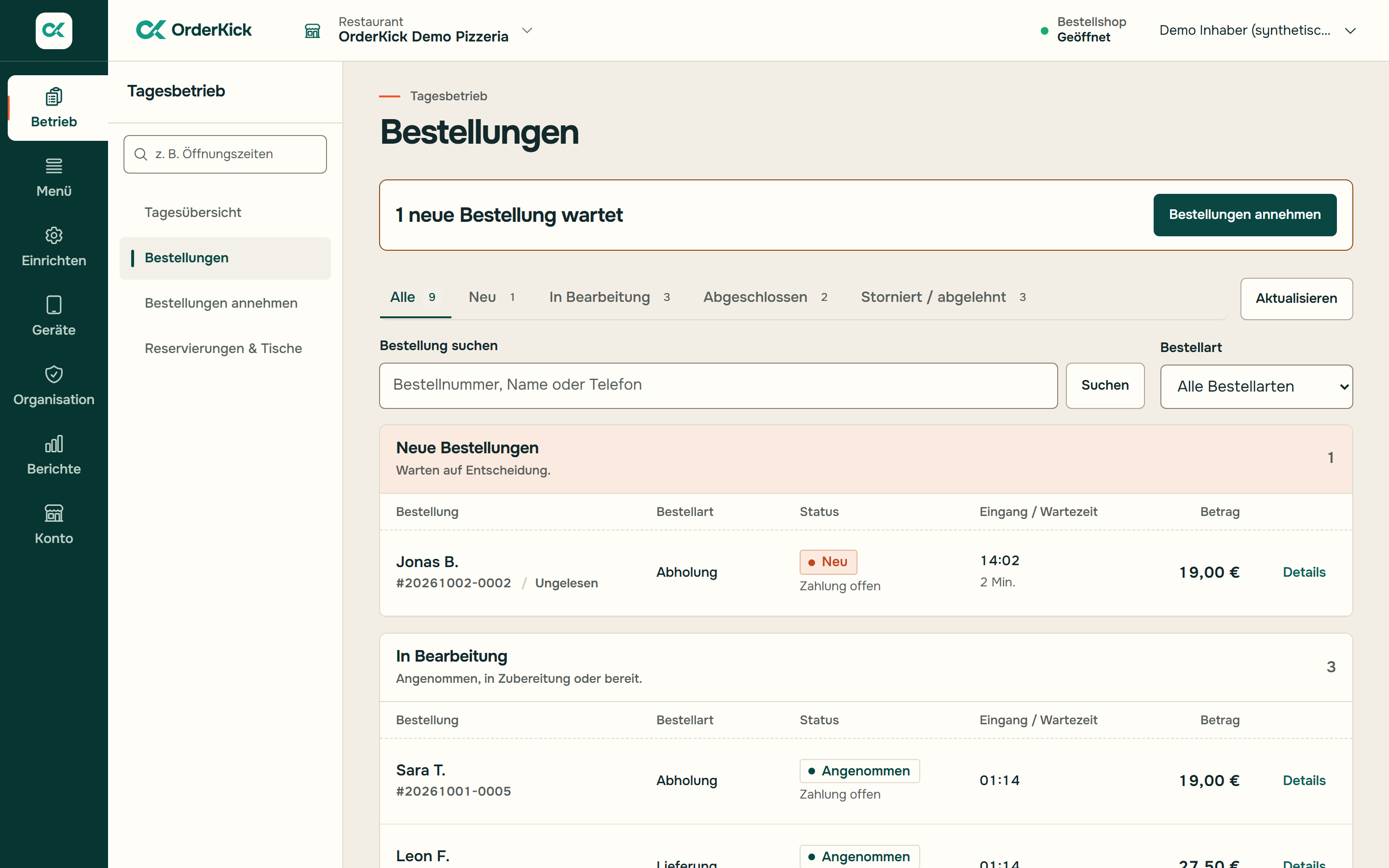 OrderKick-Bestellübersicht mit eingegangenen Beispielbestellungen.
