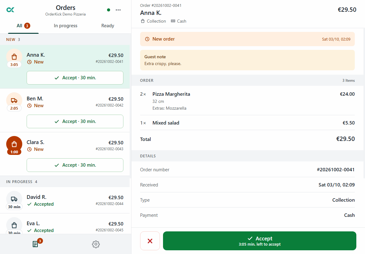 Order-intake app: list of new orders and the order from Anna K. with the Accept button