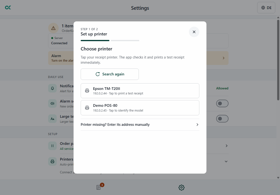Order-intake app on a tablet: setting up the printer, step 1 of 2