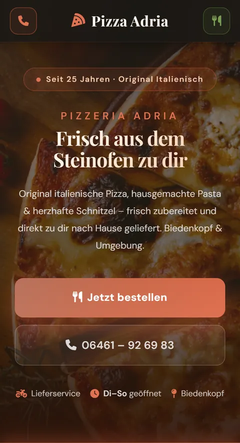 Website von Pizzeria Adria in Biedenkopf auf dem Handy