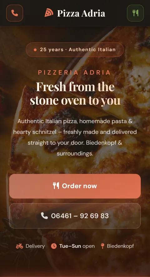 Translated preview of the website of Pizzeria Adria in Biedenkopf, Germany, on a phone