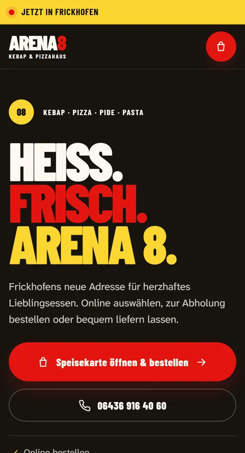 Website von Arena 8 in Dornburg-Frickhofen auf dem Handy