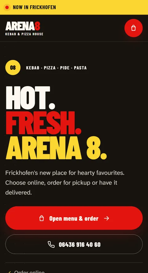 Translated preview of the website of Arena 8 in Dornburg-Frickhofen, Germany, on a phone