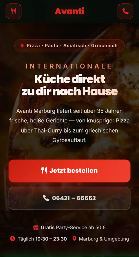 Website von Avanti in Marburg auf dem Handy