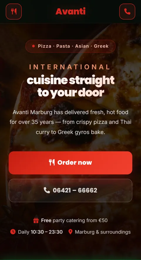 Translated preview of the website of Avanti in Marburg, Germany, on a phone