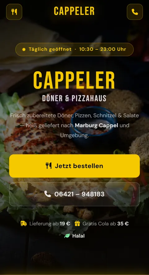Website von Cappeler Döner & Pizzahaus in Marburg-Cappel auf dem Handy