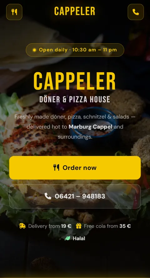 Translated preview of the website of Cappeler Döner & Pizzahaus in Marburg-Cappel, Germany, on a phone