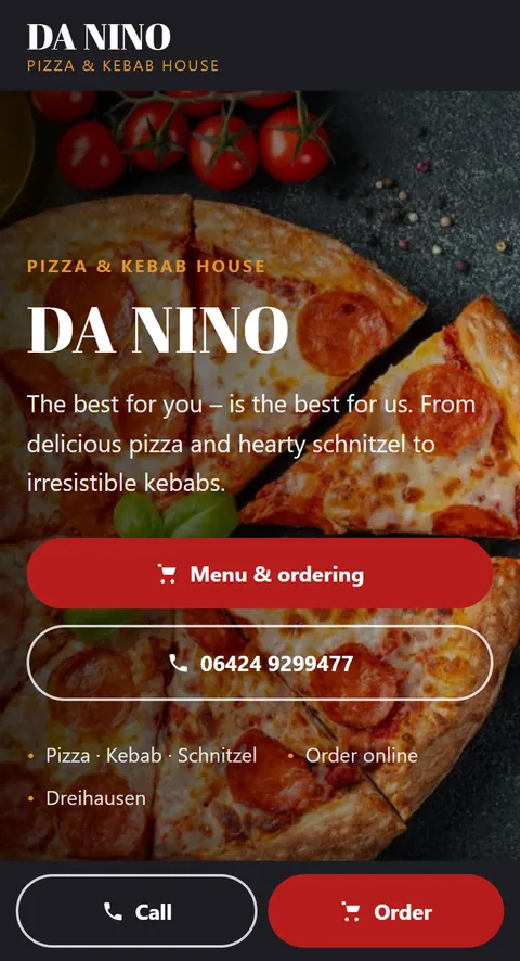 Translated preview of the website of Pizza Danino in Dreihausen, Germany, on a phone