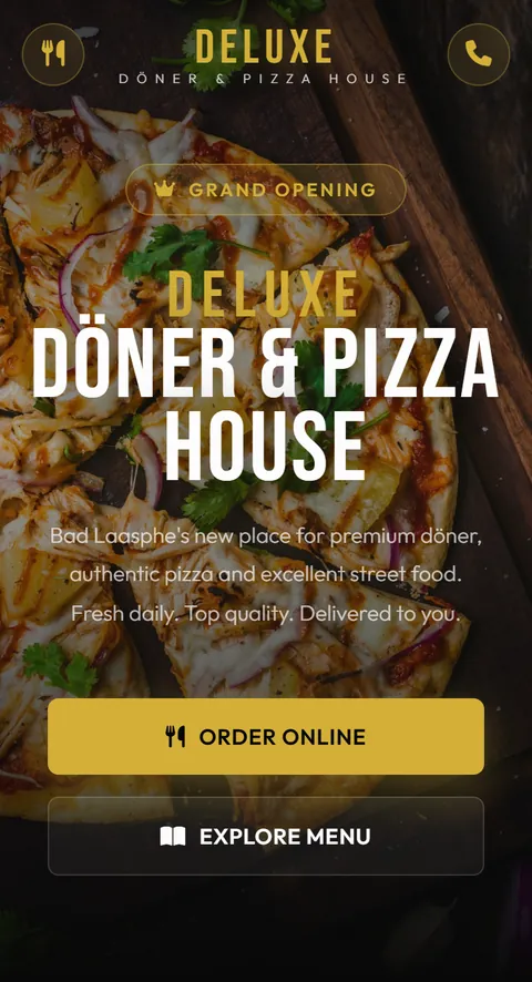 Translated preview of the website of Deluxe Döner & Pizzahaus in Bad Laasphe, Germany, on a phone