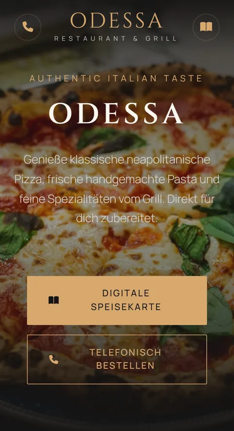 Website von Odessa Pizzeria in Breitscheid auf dem Handy
