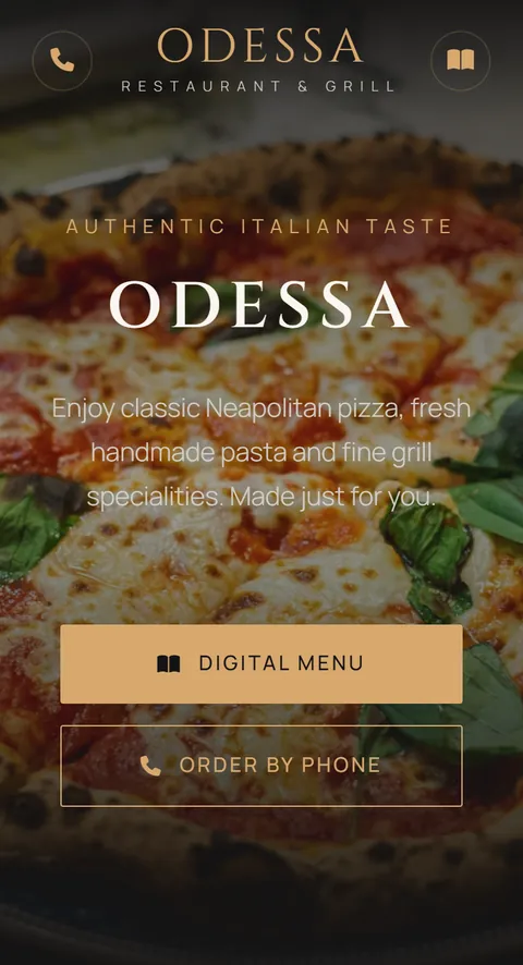 Translated preview of the website of Odessa Pizzeria in Breitscheid, Germany, on a phone