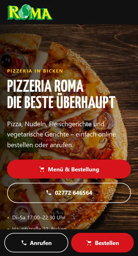 Website von Pizzeria Roma in Bicken auf dem Handy