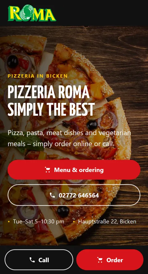 Translated preview of the website of Pizzeria Roma in Bicken, Germany, on a phone